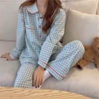 COD SDFGDERGRER Ready Stock Long-Sleeved Pajamas Women Spring Autumn Summer Casual Thin Style Korean ins Student Plaid Doll Collar Homewear Suit