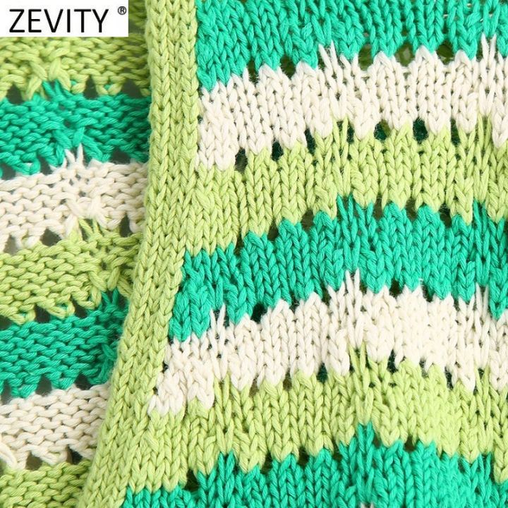 zevity-women-fashion-v-neck-fesh-contrast-striped-print-hollow-out-crochet-knitted-sweater-female-chic-cardigans-crop-tops-sw868