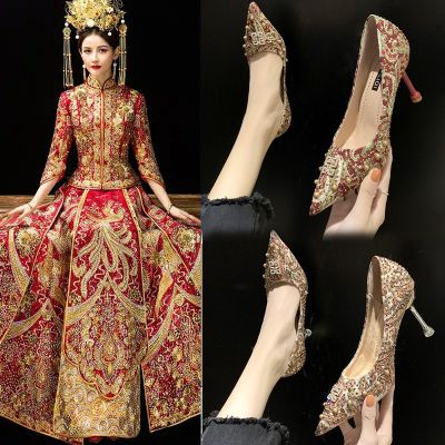 Wedding shoes female red high heels stiletto 2021 new wild princess mustard bridal shoes net red wedding show he shoes