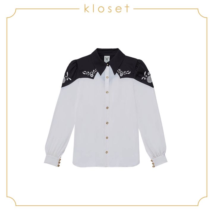 kloset-floral-embellished-shirt-rs21-t013-เสื้อแฟชั่น-เสื้อผ้าพิมพ์-เสื้อเชิ้ต-เสื้อแขนยาว-เสื้อตัดต่อผ้า2สี