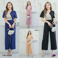 B19040 จั้มยาวสีพื้นแต่งทูโทน เชือกเอว ซิปหลัง Long jumpsuit in solid color, two-tone embellishment, waist drawstring, back zip.