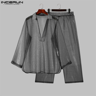 INCERUN เสื้อคอปกแขนยาวสำหรับผู้ชาย2ชิ้น + กางเกงขายาวชุดสูทผ้าสีไฟฟ้ากระพริบอย่างมีสไตล์ (เสื้อผ้าลำลอง) #3