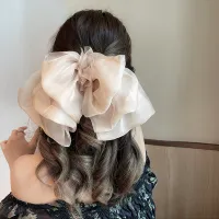 Korean Elegant Oversized Bow Chiffon Pearl Hairpin Spring Clip Women Sweet Ponytail Hair Clip Headwear