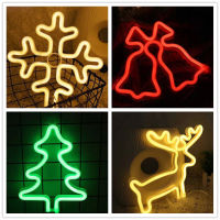 Christmas Neon Night Light Hanging Tree Decoration Lights Bells Elk Snowflake Sign Light Gift for Children USB Battery powered