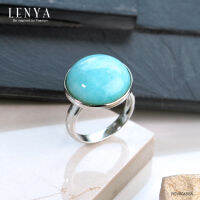 Lenya Jewelry  แหวนเงินแท้ประดับด้วยอะเมโซไนต์ ( Amazonite) เม็ดกลมใหญ่เจียระไนแบบหลังเบี้ย ดีไซน์เรียบเก๋ มีสไตล์ ตัวเรือนทำลวดลาย ดูทันสมัย ชุบด้วยทองขาว