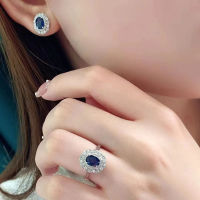 Hointage จำลอง Sapphire Stud ต่างหูเปิดแหวนอินเทรนด์925เงินหรูหราหญิงงานแต่งงานหมั้นชุดเครื่องประดับเจ้าสาว