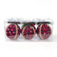 3Pcs Red Plaid Painted Balls Christmas Tree Ornaments Gift PVC Ball Hanging Holiday Party Decor Christmas Pendant Home