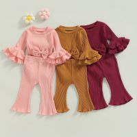 Kid Infant Newborn Baby Girl Pants Suit Long Sleeve Round Neck Bow Romper Tops Long Bell-Bottoms Knitting Pants 2Pcs Set  by Hs2023