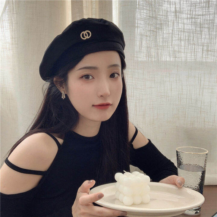 Black Cap Beret Korean Hat For Woman Sweet and Cool Black Beret Women ...