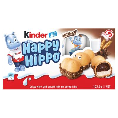 Kinder Happy Hippo Cocoa Biscuits 5ชิ้น 105 กรัม ขนมเวเฟอร์สอดไส้ครีมช๊อกโกแลต และนม Kinder Chocolate