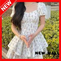 NEW MALL 2022 Summer Short-Sleeved Floral Dress Waist Sweet Plus Size Square Neck Dress