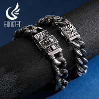 Fongten Vintage Skull Cuban Cuff Bracelet Stainless Steel Custom Charms Curb Link Chain Men Bracelets