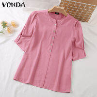 VONDA เสื้อเบลาส์แขนพองสั้นลำลองผู้หญิง,เสื้อคอกลมหลวม (ลำลองเกาหลี) #2