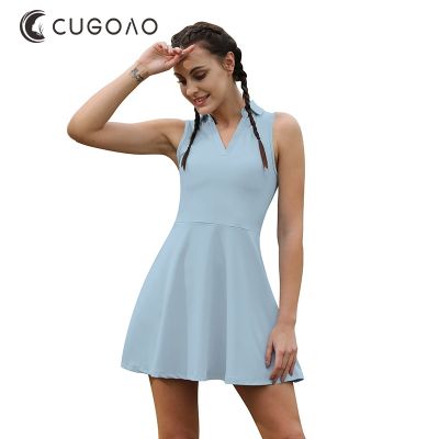 ▽◘✠ CUGOAO New 2022 Fashion 2pcs Tennis Dress Suit Solid Sleeveless Turn down Collar Badmintan Golf Tennis Dresses Vestidos De Mujer