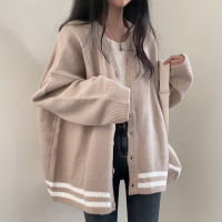 New 2021 Autumn Winter Womens Sweaters Cardigans Vintage Knitted Oversized Striped Fashionable Pink Tops