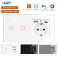 【LZ】✧∏✓  SRAN-Tuya WiFi Interruptor Inteligente e USB Tomada Tipo-C Sem Fio Neutro Painel de Vidro 1 2 3Gang Touch Switch Funciona com Alexa Google Home