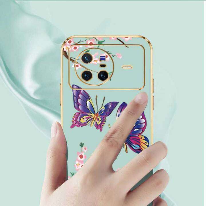 เคสสำหรับ-vivo-x80หรูหราผีเสื้อที่สวยงามพร้อมกล้องป้องกันโทรศัพท์กรอบซิลิโคนนิ่มฟรีสายคล้องขอบชุบ