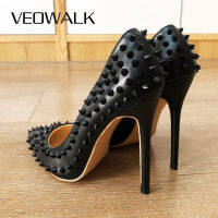 Veowalk สีดำ Matte ผู้หญิง Punk Rivets Pointed Toe รองเท้าส้นสูงเซ็กซี่สุภาพสตรี Spikes Stilettos ปั๊มผู้หญิง Club Party รองเท้า