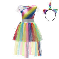 MUABABY Rainbow Unicorn Dress For Baby Girls Summer Flying Sleeves Cosplay Costumes Carnival Dress Up Tulle Fancy Clothes