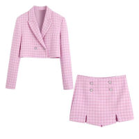 2022 New Womens Fashion Houndstooth Texture Button Short Suit Retro Long Sleeve Womens Coat Chic Womens Jacket + Culottes