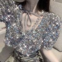 Korean Chic 2021 New Summer Women Sweet Square Collar Short Sleeve Tee Casual Vintage Sequined Tops Basic Short T-Shirt