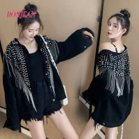 ZZOOI Spring and Autumn Tops Denim Jacket Womens 2022 New Products Tassel Rivets Long-sleeved Korean Loose