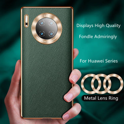 เคสโทรศัพท์มีลายหนัง PU กรอบเคลือบสุดหรูสำหรับ Huawei P60 Pro P50 P40 Mate 50 40 Pro Plus 30 Honor 50 SE V40 Nova 9 8 7 Honor Magic 3 Pro แหวนเลนส์โลหะกันกระแทก