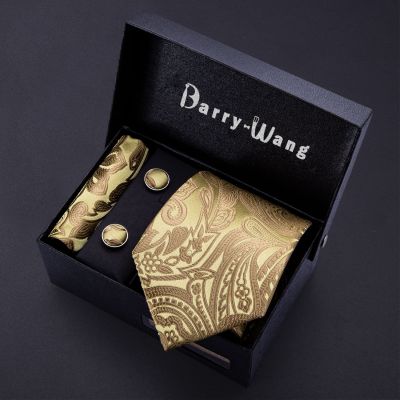 ✹☜✎ Gold Men Tie Paisley Silk Tie Pocket Square Gift Box Set Barry.Wang Luxury Designer Neck Tie For Men Male Gravat Wedding BB-5150