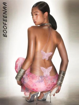 BOOFEENAA ชุดเดรสยาวโชว์หลังรูปผีเสื้อสำหรับผู้หญิงชุดเดรส Y2k สีชมพูพิมพ์ลายชุดเดรสปาร์ตี้สำหรับใส่ไปคลับ2023 C71-EC22