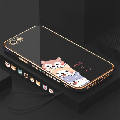 (คลังสินค้าพร้อม) เคสเคสมือถือสำหรับ iPhone 6 / iPhone 6S พร้อมฟรีสายคล้อง + ตัวการ์ตูนด็อกชุบขอบสี่เหลี่ยมฝาหลังนิ่ม