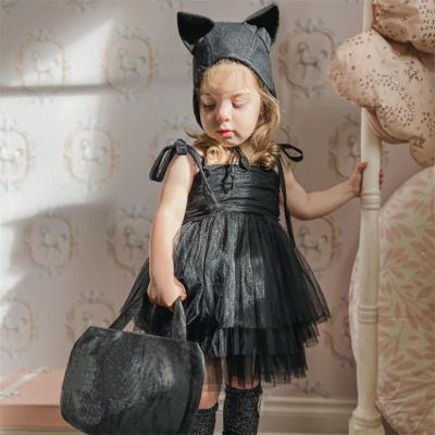 ชุดกระโปรงทูทูแขนกุดชุดเสื้อผ้าฮาโลวีนพร้อมหมวก2ชิ้นสำหรับเด็กผู้หญิงวัยหัดเดินเสื้อผ้าสำหรับแมวสีดำ
