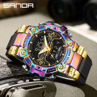 SANDA นาฬิกาทหารสำหรับผู้ชาย,Jam Tangan Sport กันน้ำมัลติฟังก์ชันแฟชั่นจอแสดงผลคู่โครโนกราฟ