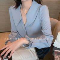 ❧✉ V Neck Work Tops 2023 Women Korean Style Design Clothes Long Sleeve Elegant Office Lady Cute Blue White Basic Shirts Blouses