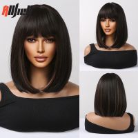 Natural Black Synthetic Wigs Short Straight Bob Wig with Bangs Black with Brown Highlight Wig Cosplay Daily Use Hair for Women