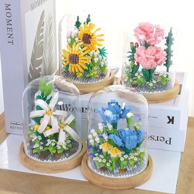 Building Blocks Flower DIY Rose and Chrysanthemum Potted Bouquet Home Decoration 3D Model Flower Block Girl Gift Childrens Toys