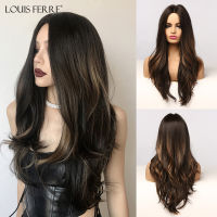 LOUIS FERRE Long Highlight Dark Brown Wigs Machine Made Heat Resistant Fake Hair Middle Part Wave Synthetic Wigs for Black Women