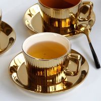 ♧◕✹ Electroplated Ceramic Coffee Cup Saucer Set Gold plated Household Nordic Simple Milk Afternoon Tea