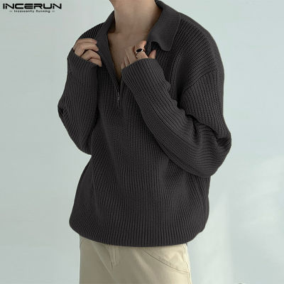 INCERUN เสื้อผู้ชายแขนยาวสเว็ตเตอร์ซิปครึ่งเสื้อถักลำลองเสื้อกันหนาวแบบสวมศีรษะ (สไตล์เกาหลี)