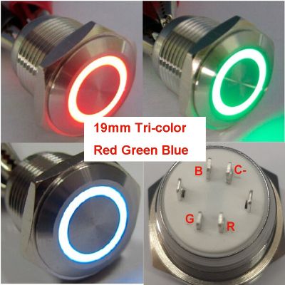 Metal Push Button Switch Waterproof LED Self-Return Tri-Color (R/G/ B) 16/19/22mm Light Momentary Automatic Reset Button 3V 12V