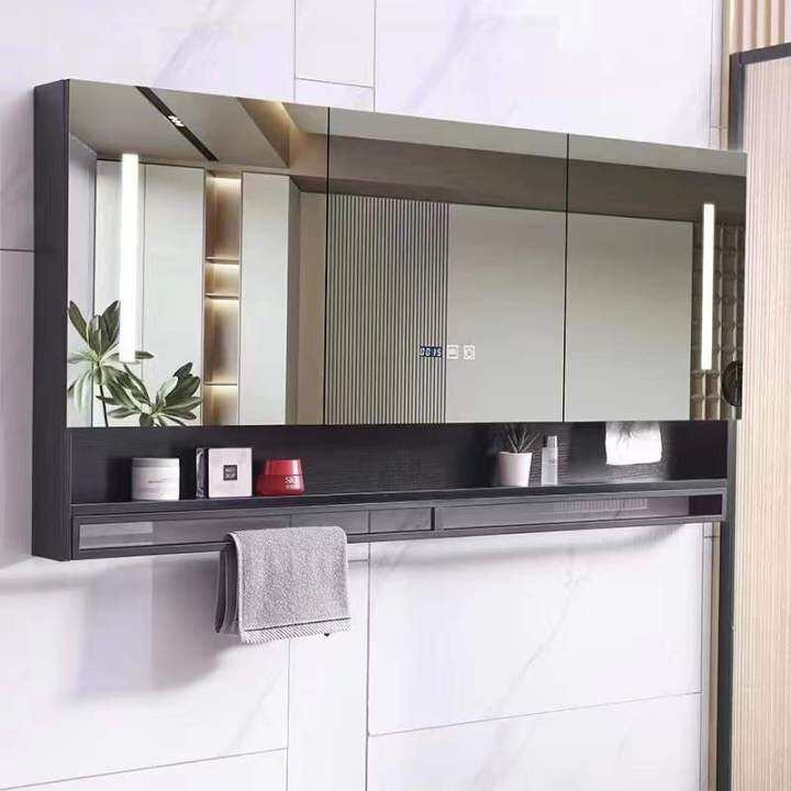 Intelligent bathroom mirror wallmounted defogging solid wood bathroom mirror rack with