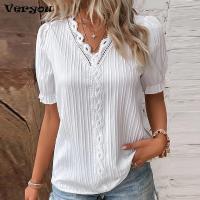 2023 Fashion Women Summer Solid Color T-Shirt Hollow Out Design Lace Decor V-Neck Short Sleeve Casual Loose Pullovers Top Tee