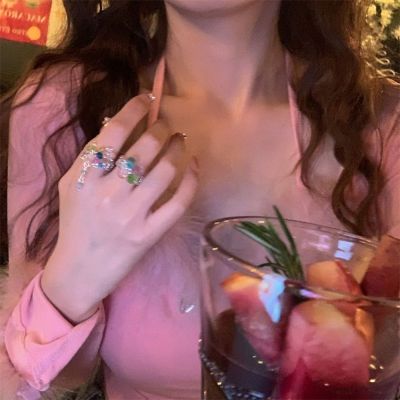 FLIXUE แหวนดอกไม้ Y2K ผู้หญิงแหวนงามเกาหลีพู่ทันสมัยแหวนวินเทจ