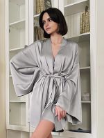 Hiloc Sexy Womens Dressing Gown Flare Sleeve Bathrobe Female Black Loose Robes Women V-Neck Womens Nightwear With Sashes 2022