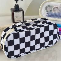 ❍❁ Black White Lattice Pencil Case Large Capacity Canvas Pencil Bag Kawaii Stationery School Pen Case Storage Bag Students Pouch