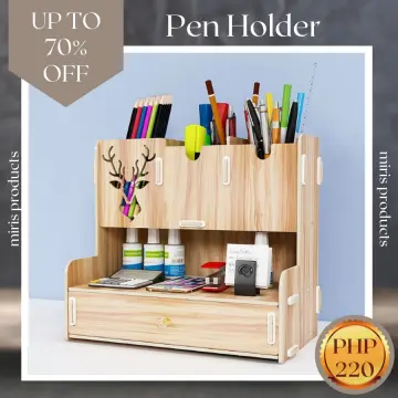 Wooden Pen Organizer DIY Pen Holder Box Desktop Stationary Home Office  Storage Art Supplies Organizer Storage with Drawer