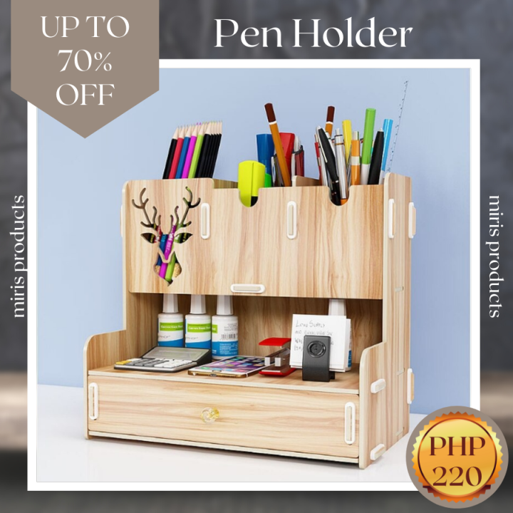 Wooden Desk Organizer, Multi-Functional DIY Pen Holder Box