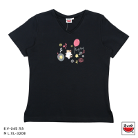 แตงโม (SUIKA) - เสื้อยืด คอวี แขนสั้น ลายแมวตัวโน๊ต (E.V-045)