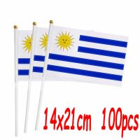 ZXZ 100pcs Uruguay hand Flag 14*21cm Polyester Double Side Printing UY Uruguay Hand waving Flag with plastic flagpole