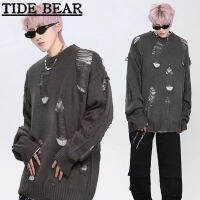 TIDE BEAR เสื้อกันหนาวผู้ชาย อเมริกันเรโทรถนน หลวมฮิปฮอปสีทึบฉีกสองด้านแฟชั่นรอบคอด้านบน