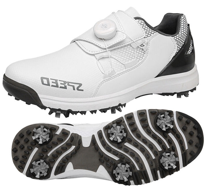 รองเท้ากอล์ฟสำหรับมืออาชีพของผู้ชาย-รองเท้าผ้าใบสนีกเกอร์เล่นกอล์ฟสีขาวสีดำกันน้ำ